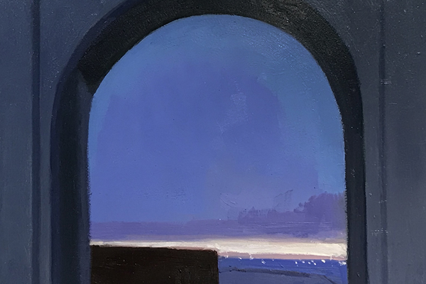Night, Brooklyn Army Terminal, 10 x 12, oil on canvas board, 2019