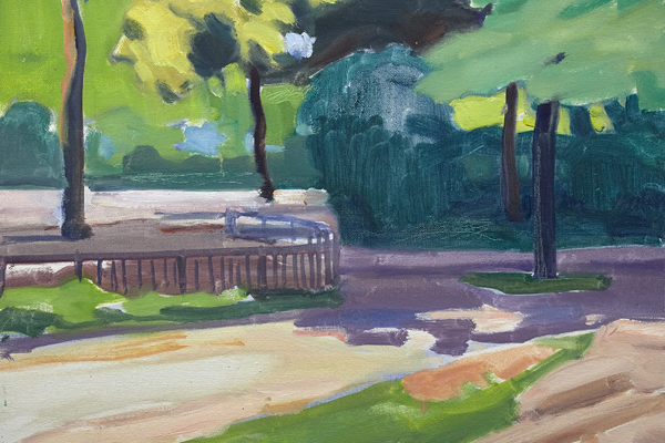 Riverside Park Fence, 12 x 16, oil on canvas board, 2019